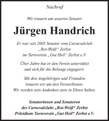 Traueranzeige von Jürgen Handrich  von Magdeburger Volksstimme