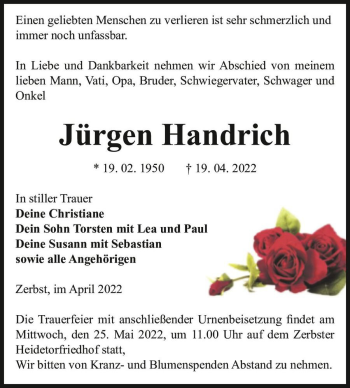 Traueranzeige von Jürgen Handrich  von Magdeburger Volksstimme