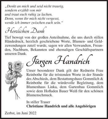 Traueranzeige von Jürgen Handrich  von Magdeburger Volksstimme