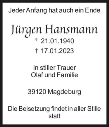 Traueranzeige von Jürgen Hansmann  von Magdeburger Volksstimme