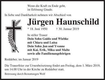 Traueranzeige von Jürgen Haunschild  von Magdeburger Volksstimme