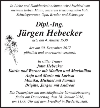 Traueranzeige von Jürgen Hebecker  von Magdeburger Volksstimme