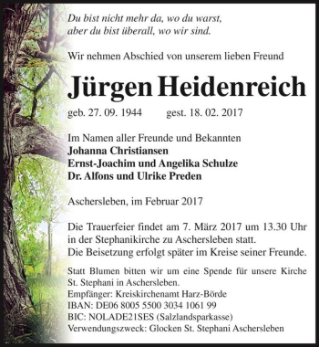 Traueranzeige von Jürgen Heidenreich  von Magdeburger Volksstimme