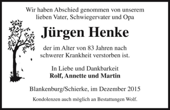 Traueranzeige von Jürgen Henke  von Magdeburger Volksstimme