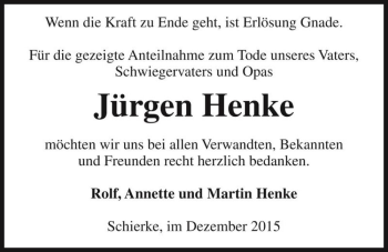 Traueranzeige von Jürgen Henke  von Magdeburger Volksstimme