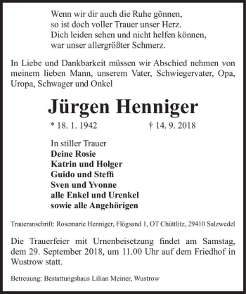 Traueranzeige von Jürgen Henniger  von Magdeburger Volksstimme