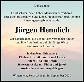 Traueranzeige von Jürgen Hennlich  von Magdeburger Volksstimme