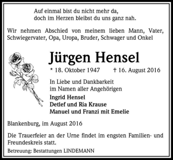 Traueranzeige von Jürgen Hensel  von Magdeburger Volksstimme