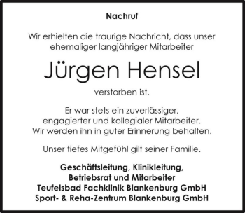 Traueranzeige von Jürgen Hensel  von Magdeburger Volksstimme