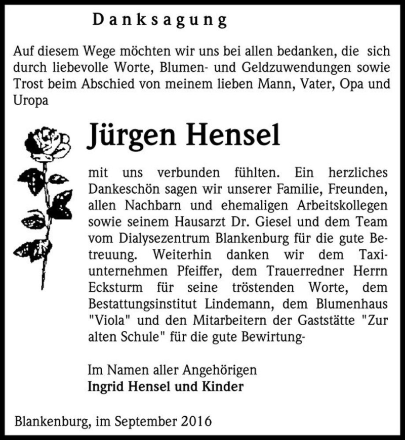  Traueranzeige für Jürgen Hensel  vom 17.09.2016 aus Magdeburger Volksstimme