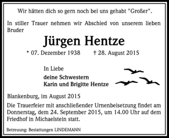 Traueranzeige von Jürgen Hentze  von Magdeburger Volksstimme