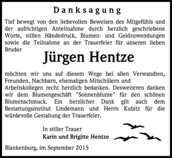 Traueranzeige von Jürgen Hentze  von Magdeburger Volksstimme