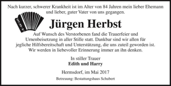 Traueranzeige von Jürgen Herbst  von Magdeburger Volksstimme