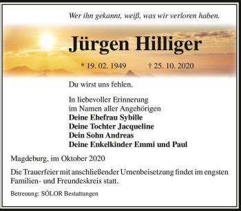 Traueranzeige von Jürgen Hilliger  von Magdeburger Volksstimme