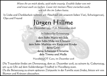Traueranzeige von Jürgen Hillme  von Magdeburger Volksstimme