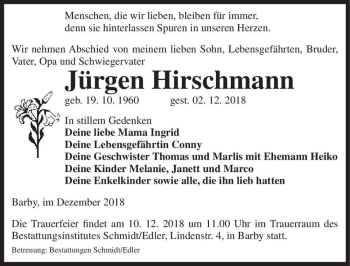 Traueranzeige von Jürgen Hirschmann  von Magdeburger Volksstimme