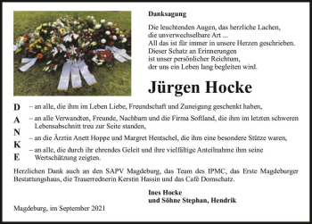 Traueranzeige von Jürgen Hocke  von Magdeburger Volksstimme