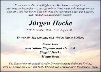 Traueranzeige von Jürgen Hocke  von Magdeburger Volksstimme