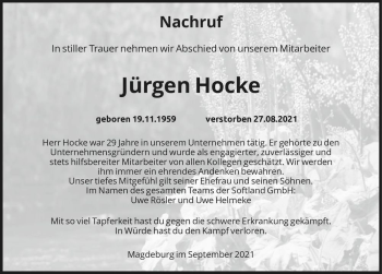 Traueranzeige von Jürgen Hocke  von Magdeburger Volksstimme