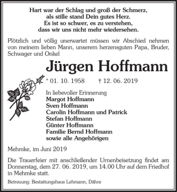 Traueranzeige von Jürgen Hoffmann  von Magdeburger Volksstimme