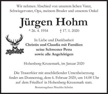 Traueranzeige von Jürgen Hohm  von Magdeburger Volksstimme