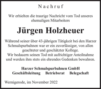 Traueranzeige von Jürgen Holzheuer  von Magdeburger Volksstimme