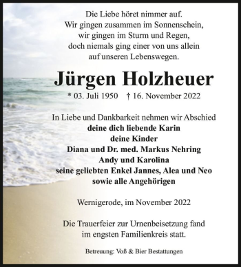 Traueranzeige von Jürgen Holzheuer  von Magdeburger Volksstimme