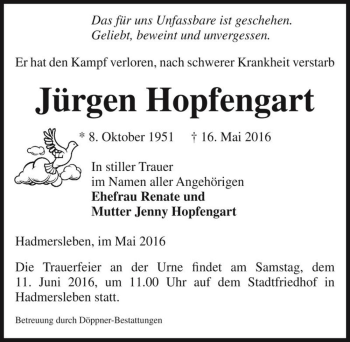 Traueranzeige von Jürgen Hopfengart  von Magdeburger Volksstimme