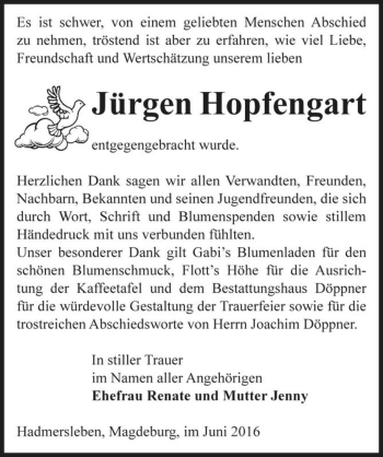 Traueranzeige von Jürgen Hopfengart  von Magdeburger Volksstimme