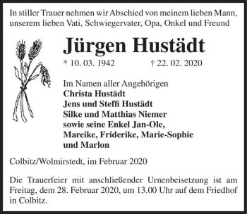 Traueranzeige von Jürgen Hustädt  von Magdeburger Volksstimme