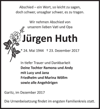 Traueranzeige von Jürgen Huth  von Magdeburger Volksstimme