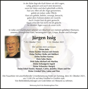 Traueranzeige von Jürgen Issig  von Magdeburger Volksstimme