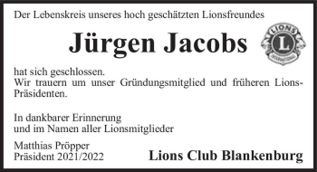 Traueranzeige von Jürgen Jacobs  von Magdeburger Volksstimme