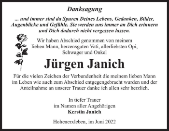 Traueranzeige von Jürgen Janich  von Magdeburger Volksstimme