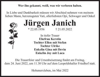 Traueranzeige von Jürgen Janich  von Magdeburger Volksstimme