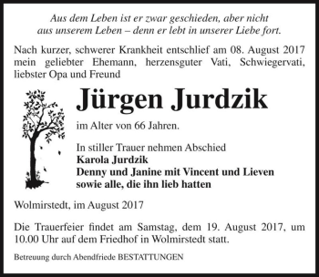 Traueranzeige von Jürgen Jurdzik  von Magdeburger Volksstimme