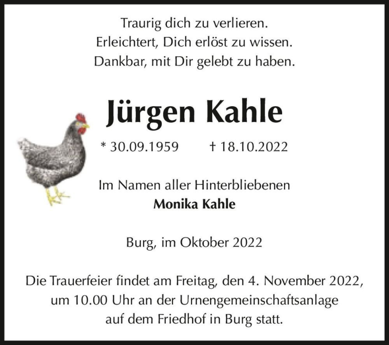  Traueranzeige für Jürgen Kahle  vom 22.10.2022 aus Magdeburger Volksstimme