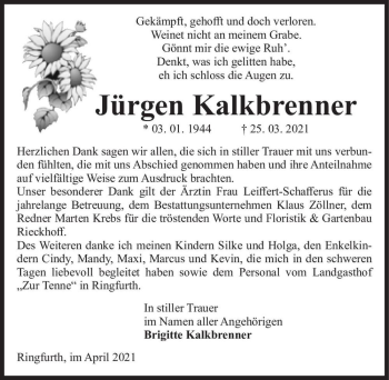 Traueranzeige von Jürgen Kalkbrenner  von Magdeburger Volksstimme