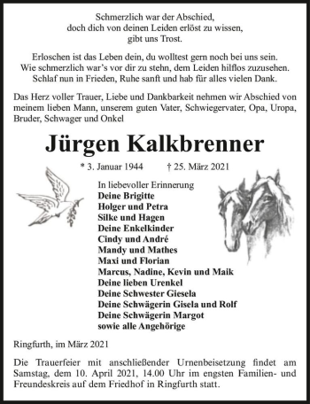 Traueranzeige von Jürgen Kalkbrenner  von Magdeburger Volksstimme