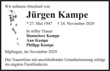 Traueranzeige von Jürgen Kampe  von Magdeburger Volksstimme