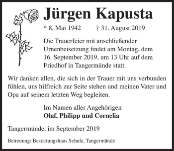 Traueranzeige von Jürgen Kapusta  von Magdeburger Volksstimme