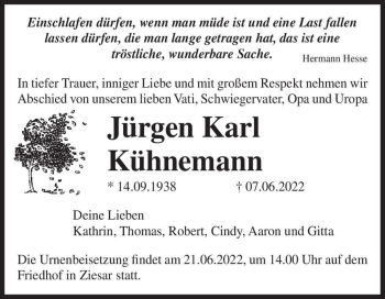 Traueranzeige von Jürgen Karl Kühnemann  von Magdeburger Volksstimme