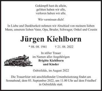 Traueranzeige von Jürgen Kiehlborn  von Magdeburger Volksstimme