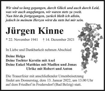 Traueranzeige von Jürgen Kinne  von Magdeburger Volksstimme