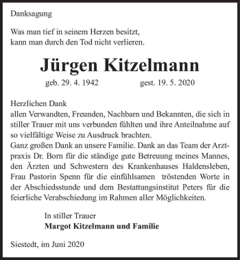 Traueranzeige von Jürgen Kitzelmann  von Magdeburger Volksstimme