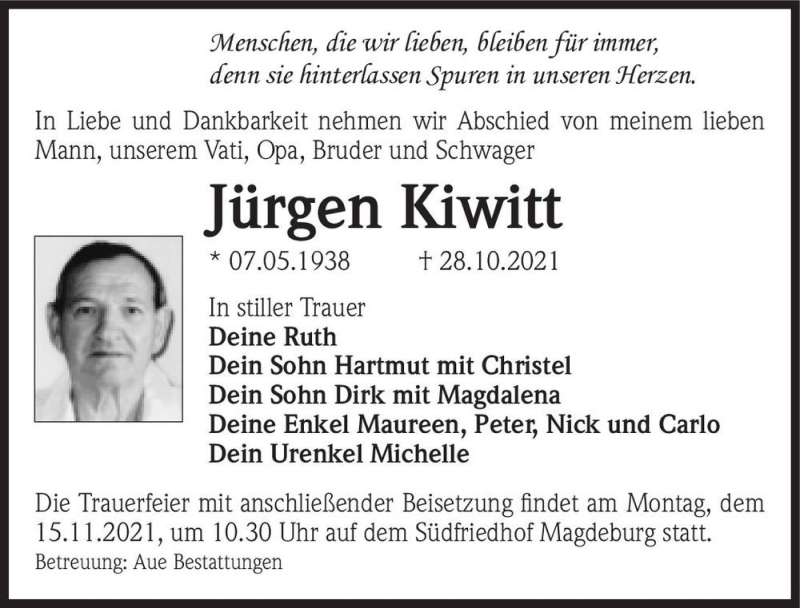  Traueranzeige für Jürgen Kiwitt  vom 06.11.2021 aus Magdeburger Volksstimme