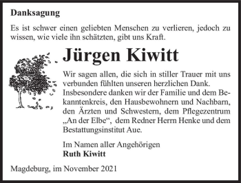 Traueranzeige von Jürgen Kiwitt  von Magdeburger Volksstimme