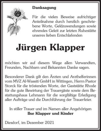 Traueranzeige von Jürgen Klapper  von Magdeburger Volksstimme