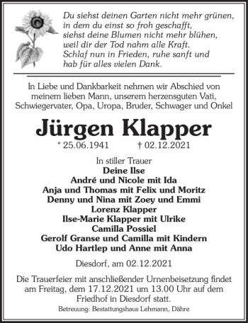 Traueranzeige von Jürgen Klapper  von Magdeburger Volksstimme