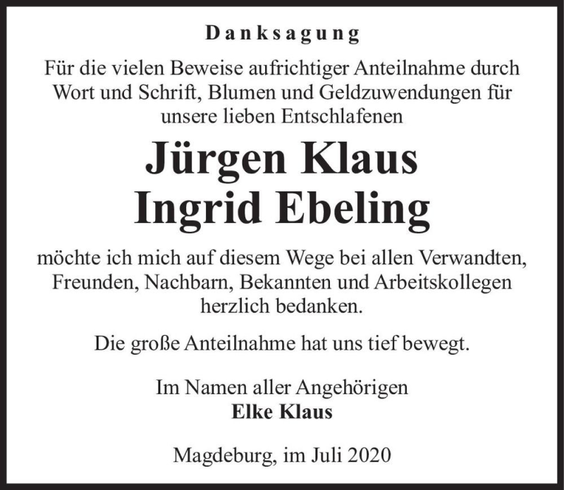  Traueranzeige für Jürgen Klaus, Ingrid Ebeling  vom 25.07.2020 aus Magdeburger Volksstimme